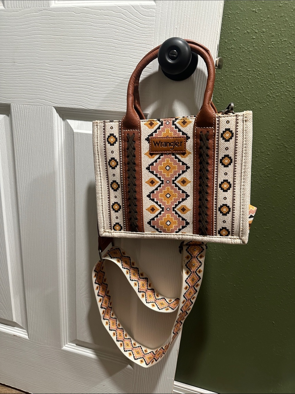 Wrangler Cream & Brown Patterned Mini Tote with Yellow Accents